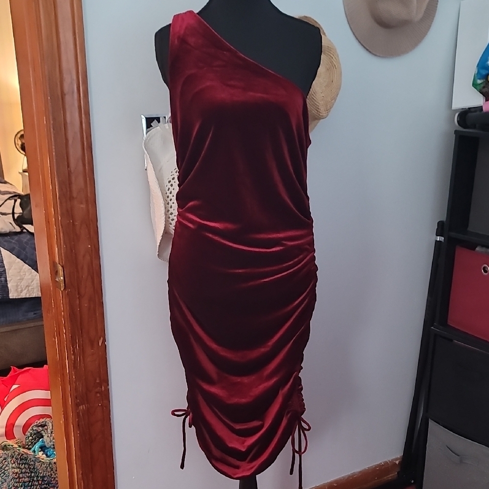 House of Harlow 1960 One-Shoulder Velvet Dress in Deep Red